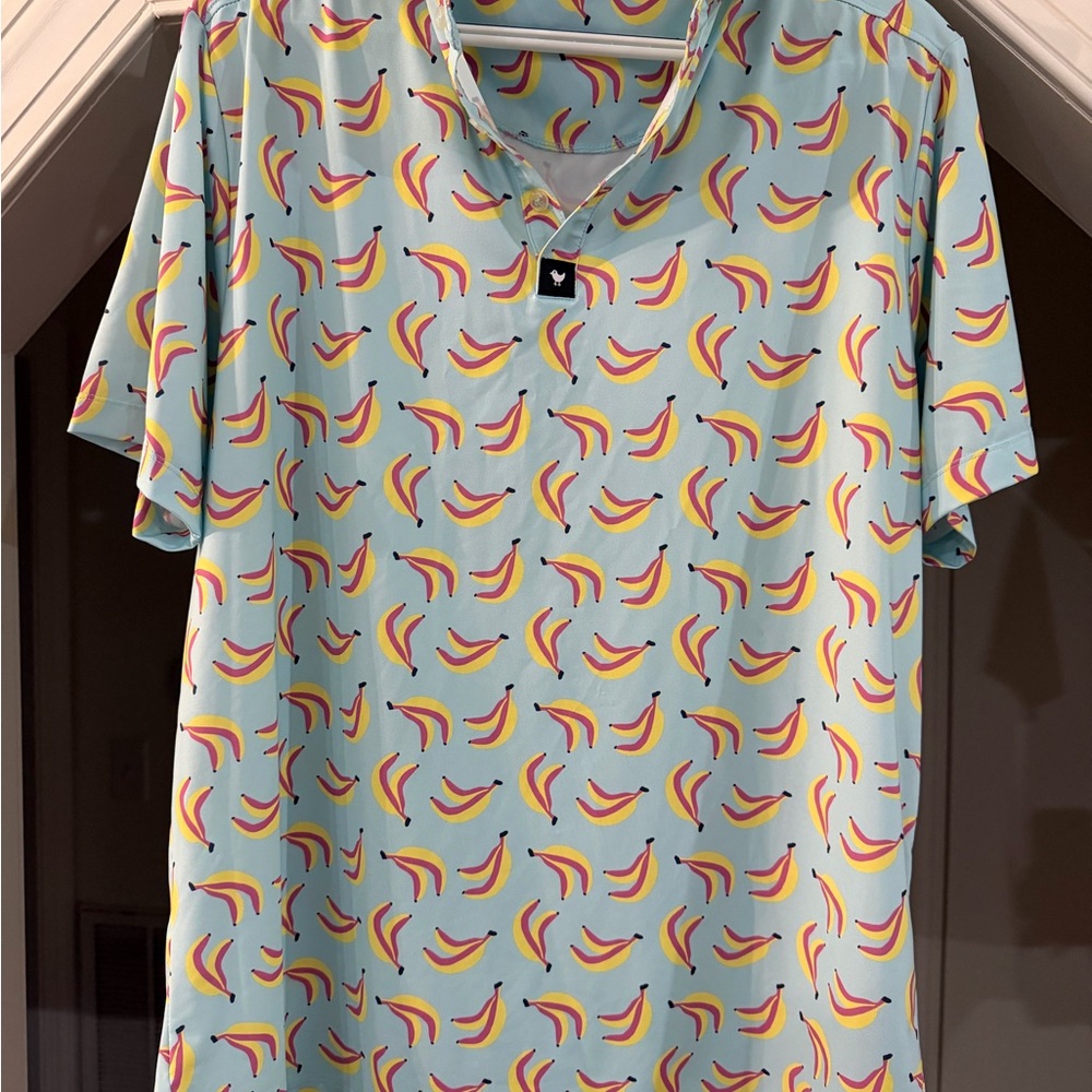 Bad Birdie Light Blue Polo with Yellow & Pink Banana Print XL